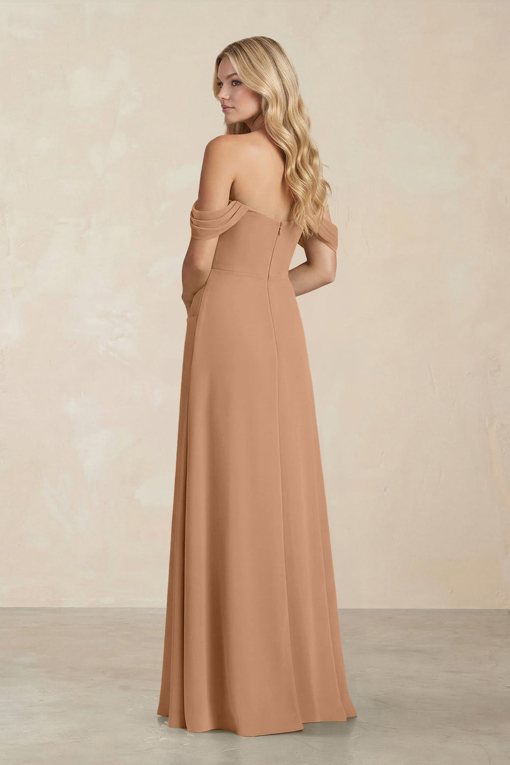 Off - the - Shoulder Corset Sheath Chiffon Bridesmaid Dress in Bronzer - KissProm Bridesmaid Dresses