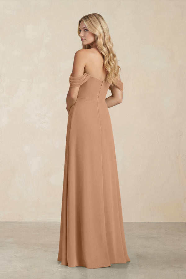 Off - the - Shoulder Corset Sheath Chiffon Bridesmaid Dress in Bronzer - KissProm Bridesmaid Dresses