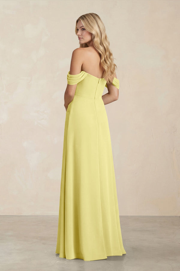 Off - the - Shoulder Corset Sheath Chiffon Bridesmaid Dress in Buttercup - KissProm Bridesmaid Dresses