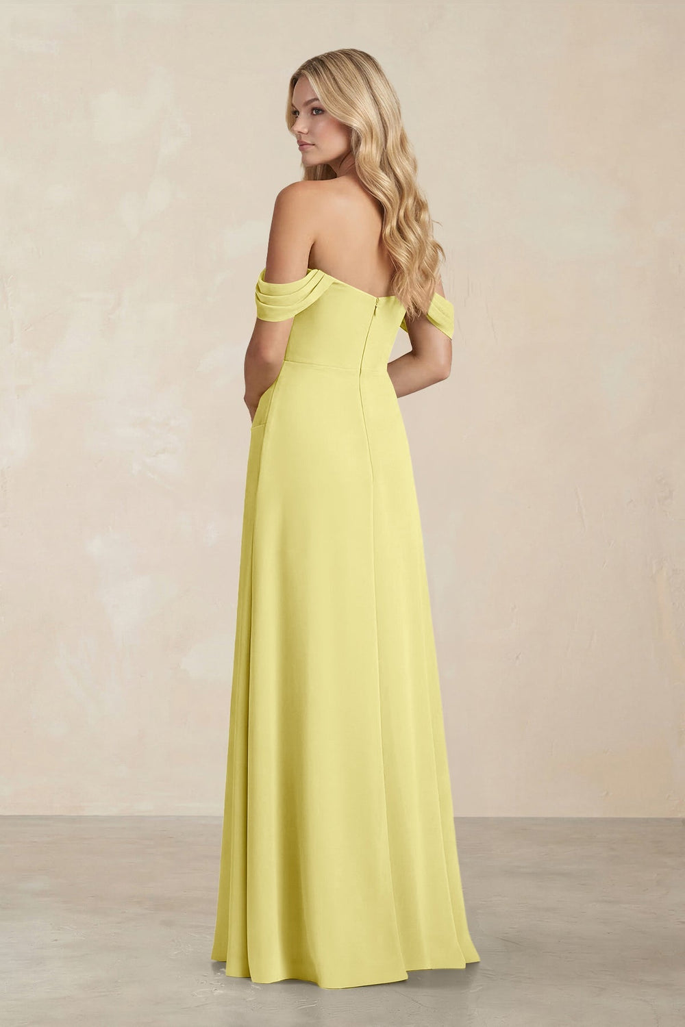 Off - the - Shoulder Corset Sheath Chiffon Bridesmaid Dress in Buttercup - KissProm Bridesmaid Dresses