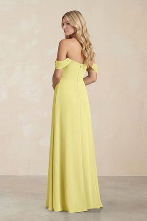 Off - the - Shoulder Corset Sheath Chiffon Bridesmaid Dress in Buttercup - KissProm Bridesmaid Dresses