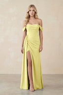 Off - the - Shoulder Corset Sheath Chiffon Bridesmaid Dress in Buttercup - KissProm Bridesmaid Dresses