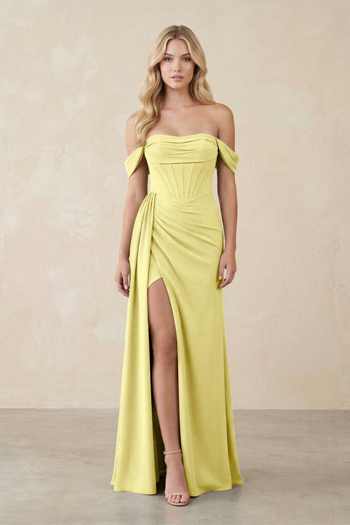 Off - the - Shoulder Corset Sheath Chiffon Bridesmaid Dress in Buttercup - KissProm Bridesmaid Dresses