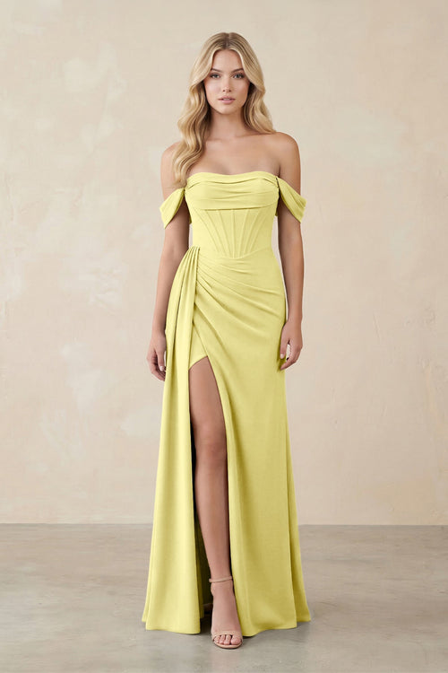 Off - the - Shoulder Corset Sheath Chiffon Bridesmaid Dress in Buttercup - KissProm Bridesmaid Dresses