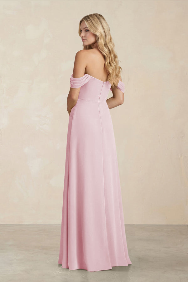 Off - the - Shoulder Corset Sheath Chiffon Bridesmaid Dress in Candy Pink - KissProm Bridesmaid Dresses