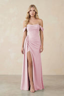 Off - the - Shoulder Corset Sheath Chiffon Bridesmaid Dress in Candy Pink - KissProm Bridesmaid Dresses