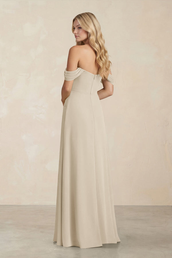 Off - the - Shoulder Corset Sheath Chiffon Bridesmaid Dress in Champagne - KissProm Bridesmaid Dresses