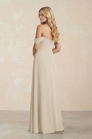 Off - the - Shoulder Corset Sheath Chiffon Bridesmaid Dress in Champagne - KissProm Bridesmaid Dresses