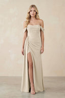 Off - the - Shoulder Corset Sheath Chiffon Bridesmaid Dress in Champagne - KissProm Bridesmaid Dresses