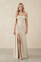 Off - the - Shoulder Corset Sheath Chiffon Bridesmaid Dress in Champagne - KissProm Bridesmaid Dresses