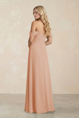 Off - the - Shoulder Corset Sheath Chiffon Bridesmaid Dress in Champagne Rose - KissProm Bridesmaid Dresses