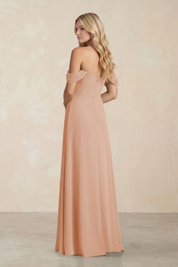 Off - the - Shoulder Corset Sheath Chiffon Bridesmaid Dress in Champagne Rose - KissProm Bridesmaid Dresses