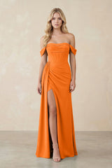 Off - the - Shoulder Corset Sheath Chiffon Bridesmaid Dress in Cinnamon - KissProm Bridesmaid Dresses