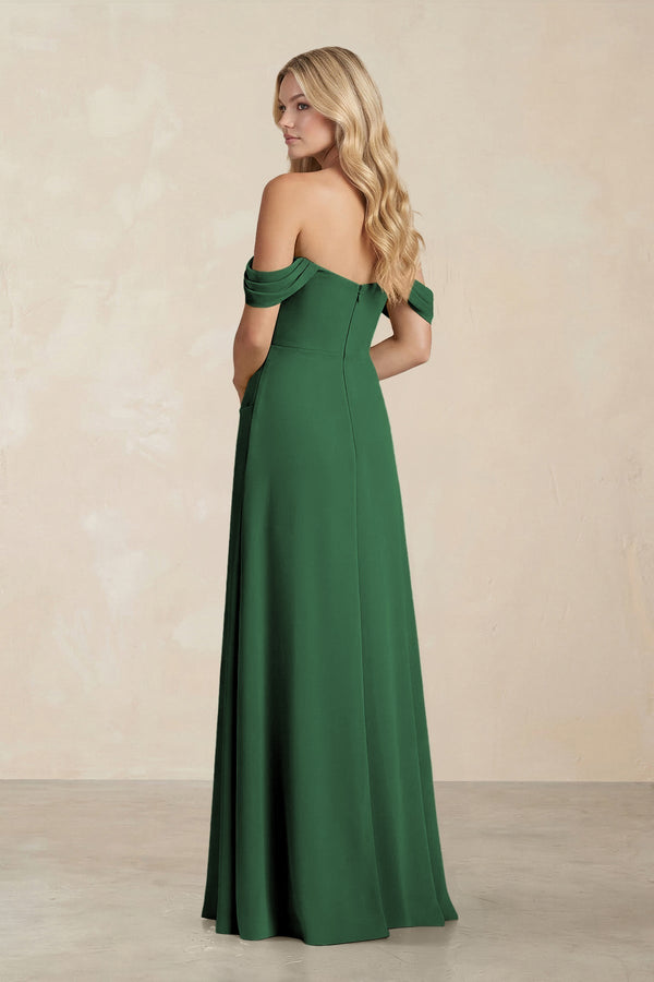 Off - the - Shoulder Corset Sheath Chiffon Bridesmaid Dress in Dark Green - KissProm Bridesmaid Dresses