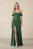 Off - the - Shoulder Corset Sheath Chiffon Bridesmaid Dress in Dark Green - KissProm Bridesmaid Dresses