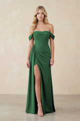 Off - the - Shoulder Corset Sheath Chiffon Bridesmaid Dress in Dark Green - KissProm Bridesmaid Dresses