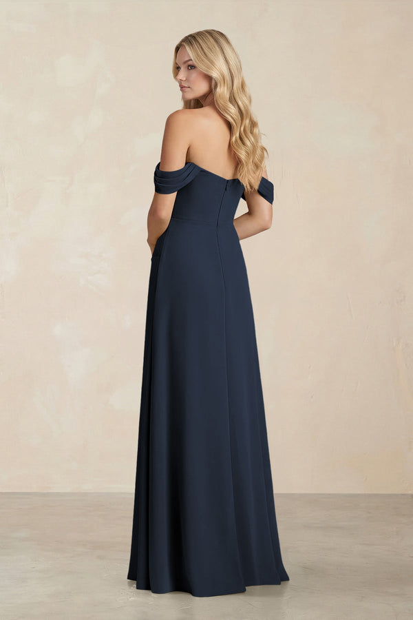 Off - the - Shoulder Corset Sheath Chiffon Bridesmaid Dress in Dark Navy - KissProm Bridesmaid Dresses
