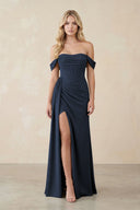 Off - the - Shoulder Corset Sheath Chiffon Bridesmaid Dress in Dark Navy - KissProm Bridesmaid Dresses