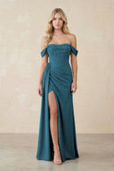 Off - the - Shoulder Corset Sheath Chiffon Bridesmaid Dress in Dark Teal - KissProm Bridesmaid Dresses