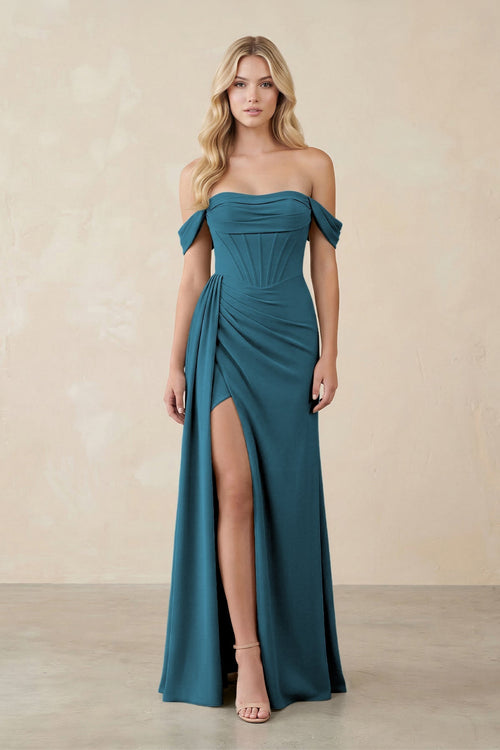 Off - the - Shoulder Corset Sheath Chiffon Bridesmaid Dress in Dark Teal - KissProm Bridesmaid Dresses
