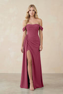Off - the - Shoulder Corset Sheath Chiffon Bridesmaid Dress in Desert Rose - KissProm Bridesmaid Dresses