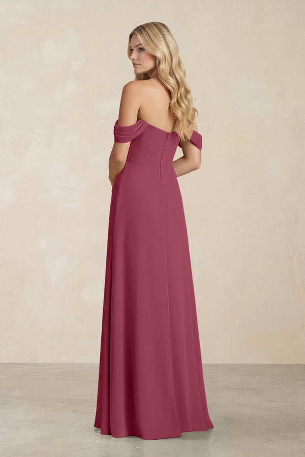 Off - the - Shoulder Corset Sheath Chiffon Bridesmaid Dress in Desert Rose - KissProm Bridesmaid Dresses
