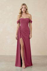 Off - the - Shoulder Corset Sheath Chiffon Bridesmaid Dress in Desert Rose - KissProm Bridesmaid Dresses