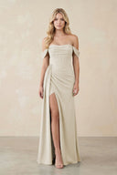 Off - the - Shoulder Corset Sheath Chiffon Bridesmaid Dress in Dove Gray - KissProm Bridesmaid Dresses
