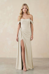 Off - the - Shoulder Corset Sheath Chiffon Bridesmaid Dress in Dove Gray - KissProm Bridesmaid Dresses