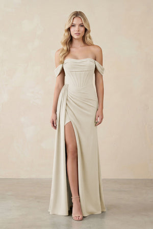 Off - the - Shoulder Corset Sheath Chiffon Bridesmaid Dress in Dove Gray - KissProm Bridesmaid Dresses