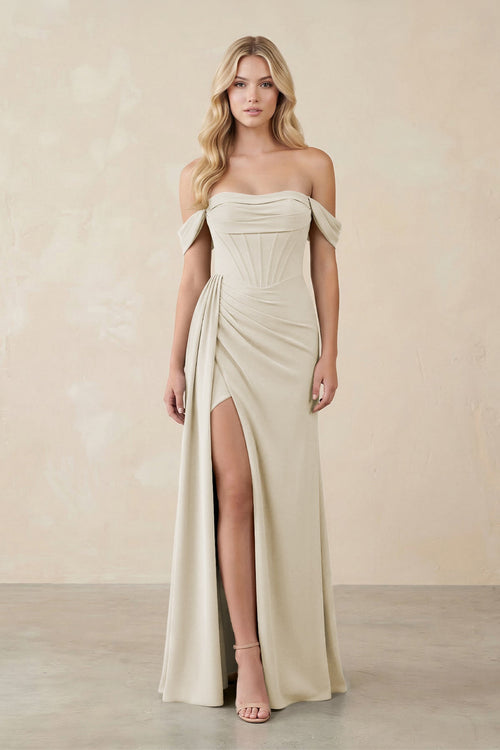 Off - the - Shoulder Corset Sheath Chiffon Bridesmaid Dress in Dove Gray - KissProm Bridesmaid Dresses