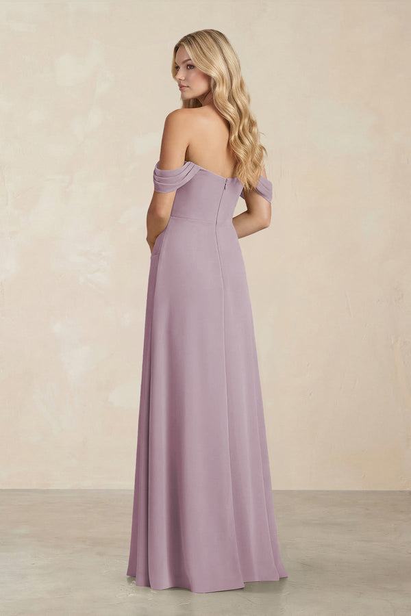 Off - the - Shoulder Corset Sheath Chiffon Bridesmaid Dress in Dusk - KissProm Bridesmaid Dresses