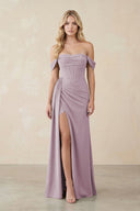 Off - the - Shoulder Corset Sheath Chiffon Bridesmaid Dress in Dusk - KissProm Bridesmaid Dresses