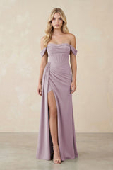 Off - the - Shoulder Corset Sheath Chiffon Bridesmaid Dress in Dusk - KissProm Bridesmaid Dresses