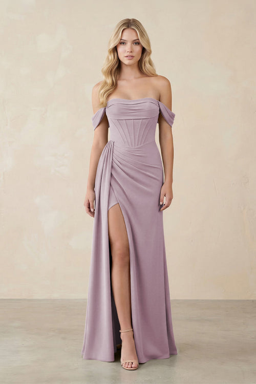 Off - the - Shoulder Corset Sheath Chiffon Bridesmaid Dress in Dusk - KissProm Bridesmaid Dresses