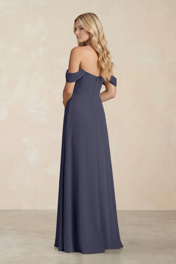 Off - the - Shoulder Corset Sheath Chiffon Bridesmaid Dress in Dusk Blue - KissProm Bridesmaid Dresses