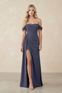 Off - the - Shoulder Corset Sheath Chiffon Bridesmaid Dress in Dusk Blue - KissProm Bridesmaid Dresses