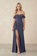 Off - the - Shoulder Corset Sheath Chiffon Bridesmaid Dress in Dusk Blue - KissProm Bridesmaid Dresses