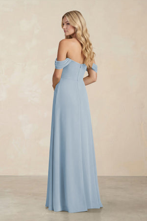 Off - the - Shoulder Corset Sheath Chiffon Bridesmaid Dress in Dusty Blue - KissProm Bridesmaid Dresses