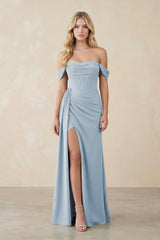 Off - the - Shoulder Corset Sheath Chiffon Bridesmaid Dress in Dusty Blue - KissProm Bridesmaid Dresses