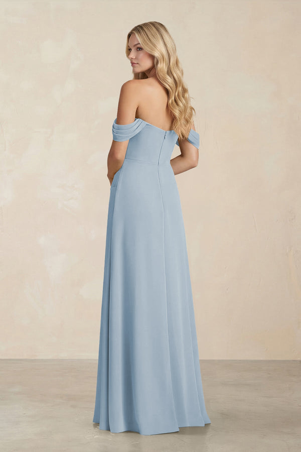 Off - the - Shoulder Corset Sheath Chiffon Bridesmaid Dress in Dusty Blue - KissProm Bridesmaid Dresses