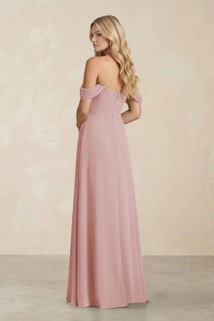 Off - the - Shoulder Corset Sheath Chiffon Bridesmaid Dress in Dusty Rose - KissProm Bridesmaid Dresses