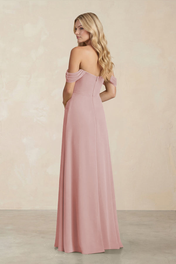 Off - the - Shoulder Corset Sheath Chiffon Bridesmaid Dress in Dusty Rose - KissProm Bridesmaid Dresses