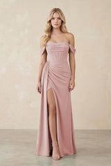 Off - the - Shoulder Corset Sheath Chiffon Bridesmaid Dress in Dusty Rose - KissProm Bridesmaid Dresses