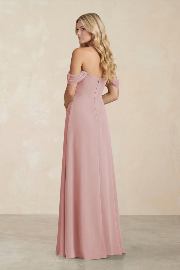 Off - the - Shoulder Corset Sheath Chiffon Bridesmaid Dress in Dusty Rose - KissProm Bridesmaid Dresses