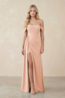 Off - the - Shoulder Corset Sheath Chiffon Bridesmaid Dress in English Rose - KissProm Bridesmaid Dresses