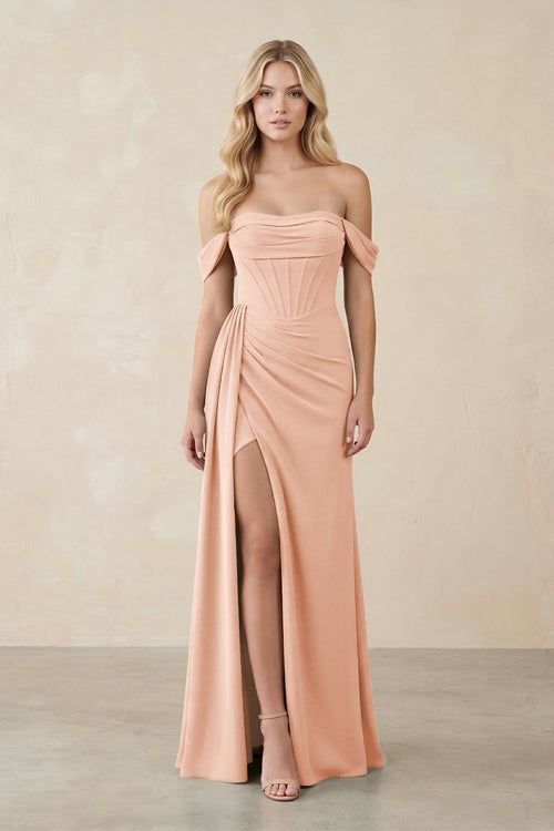 Off - the - Shoulder Corset Sheath Chiffon Bridesmaid Dress in English Rose - KissProm Bridesmaid Dresses