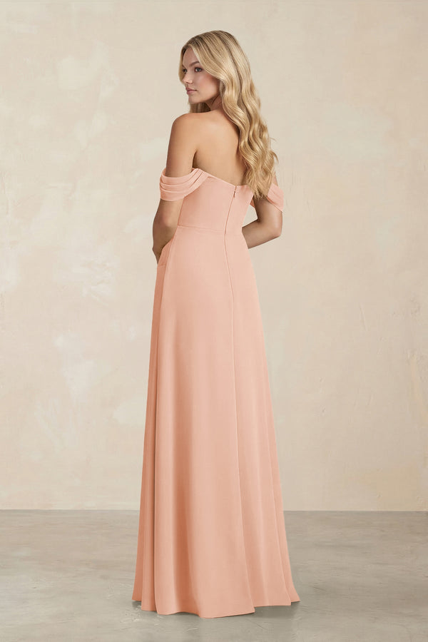 Off - the - Shoulder Corset Sheath Chiffon Bridesmaid Dress in English Rose - KissProm Bridesmaid Dresses