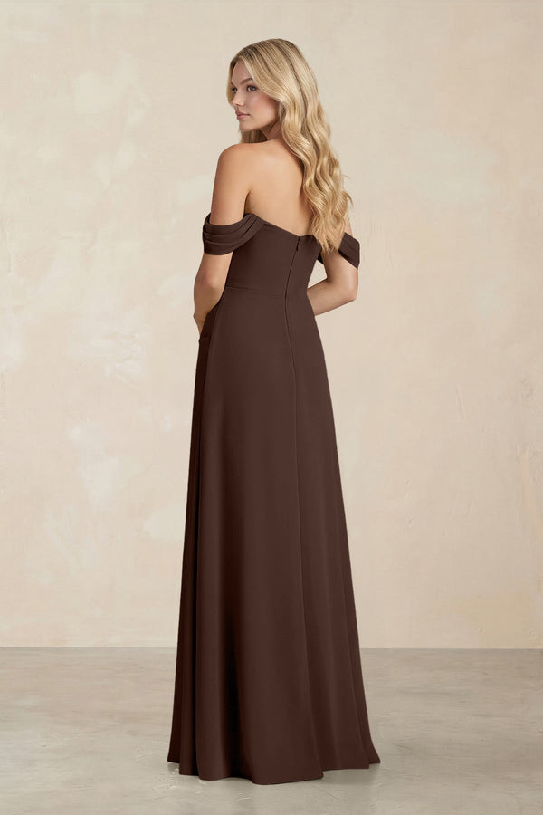 Off - the - Shoulder Corset Sheath Chiffon Bridesmaid Dress in Espresso - KissProm Bridesmaid Dresses