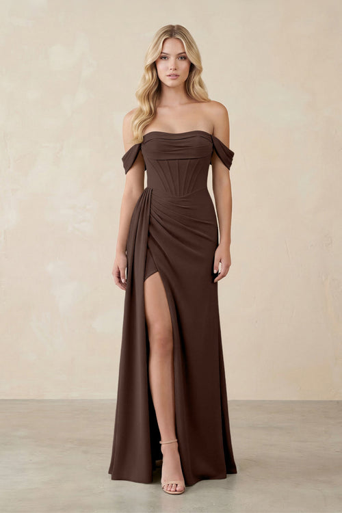 Off - the - Shoulder Corset Sheath Chiffon Bridesmaid Dress in Espresso - KissProm Bridesmaid Dresses